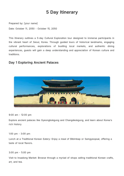 Free 5 Day Itinerary Template to Edit Online