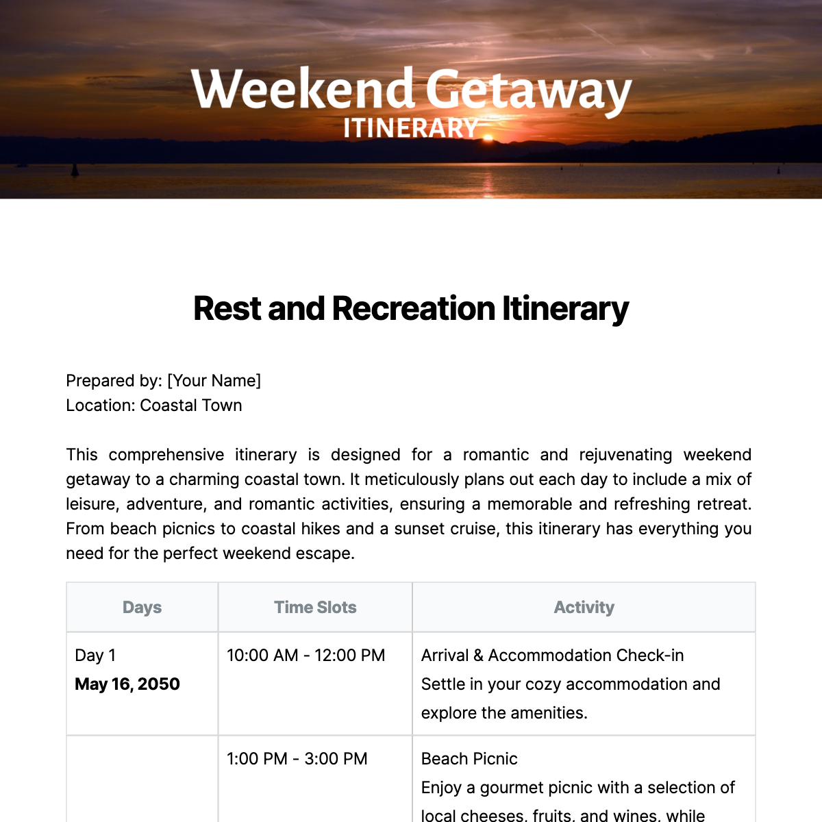 Weekend Getaway Itinerary Template