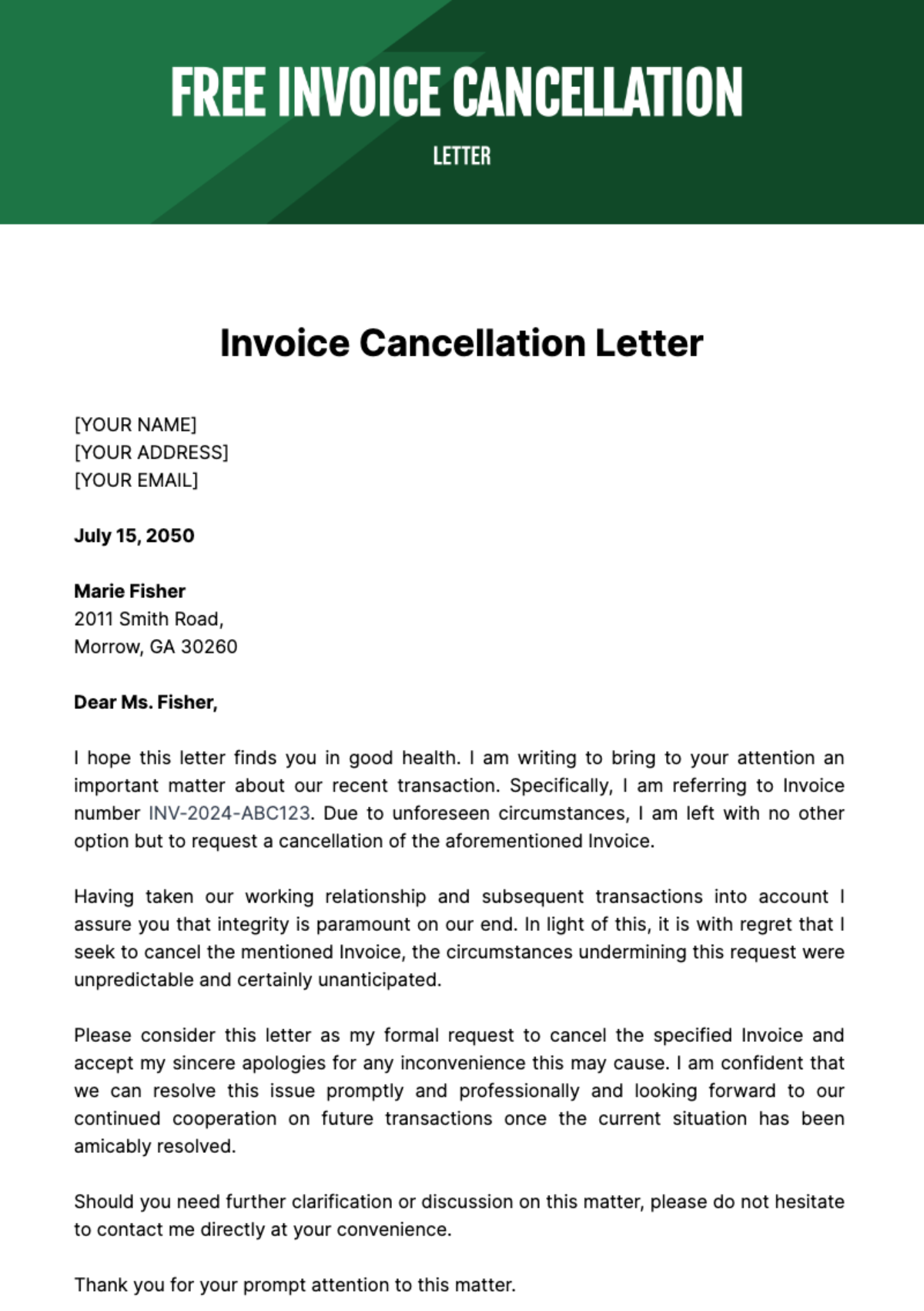 Free Invoice Cancellation Letter Template