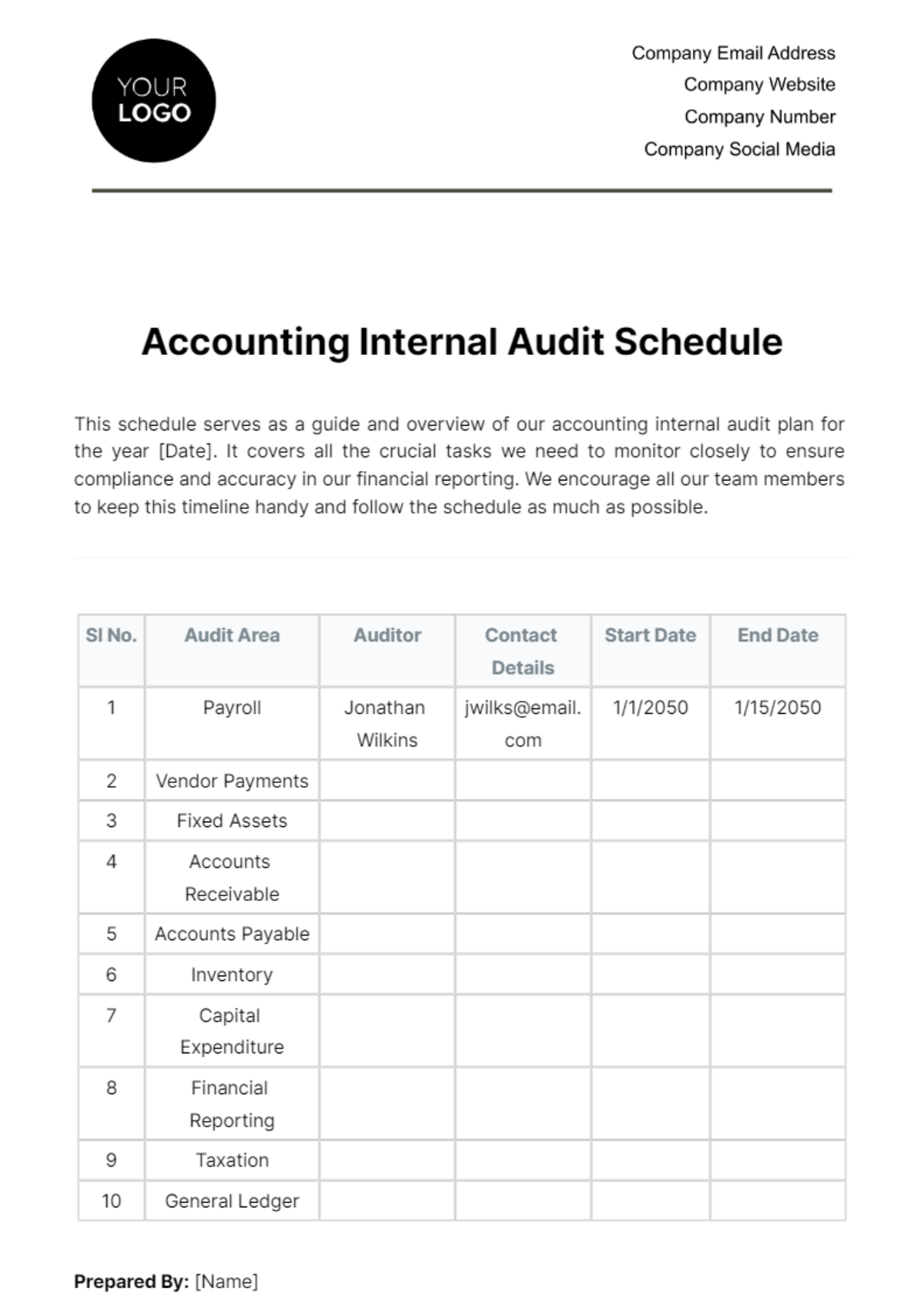 Accounting Internal Audit Schedule Template