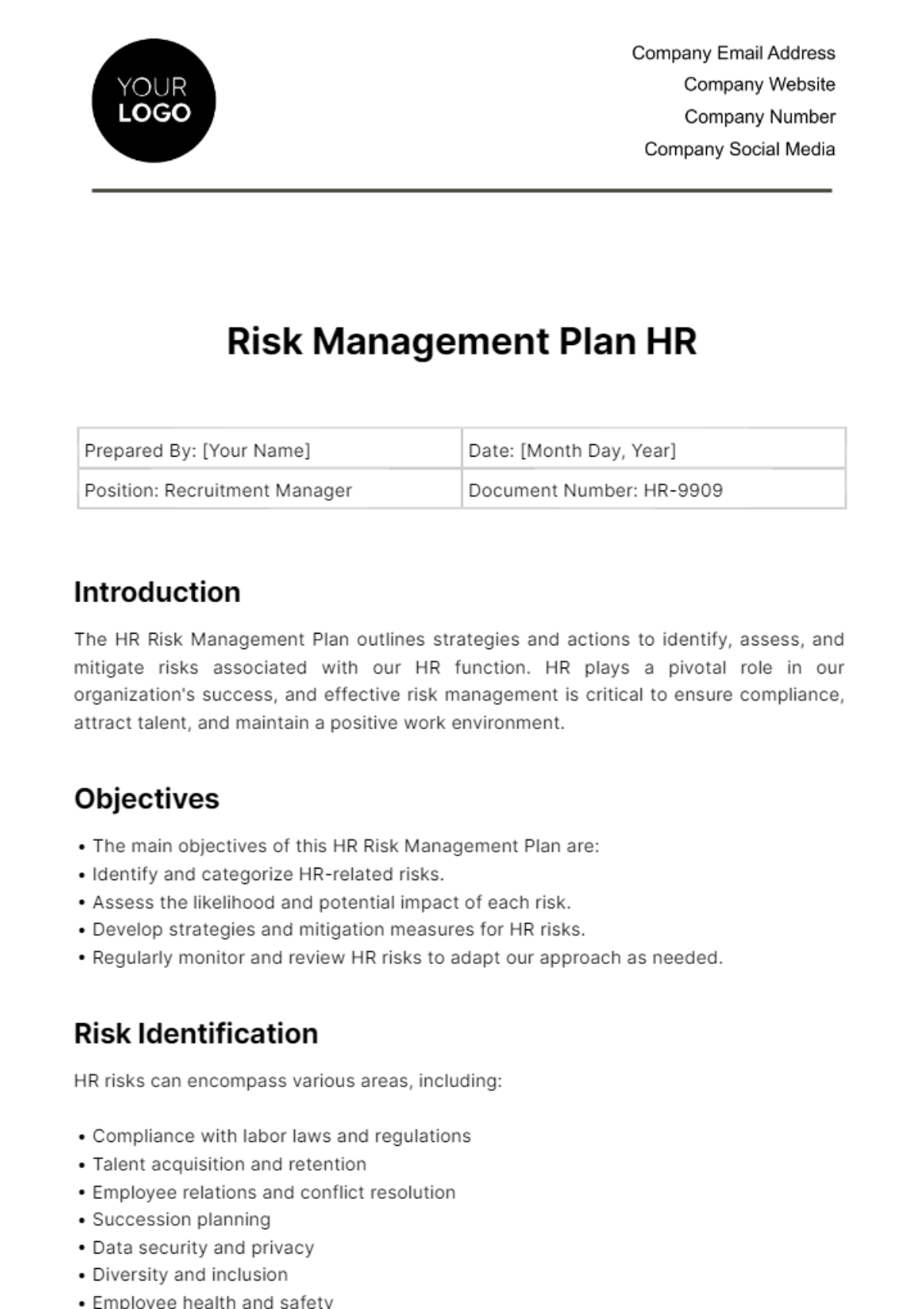 Free Risk Management Plan HR Template