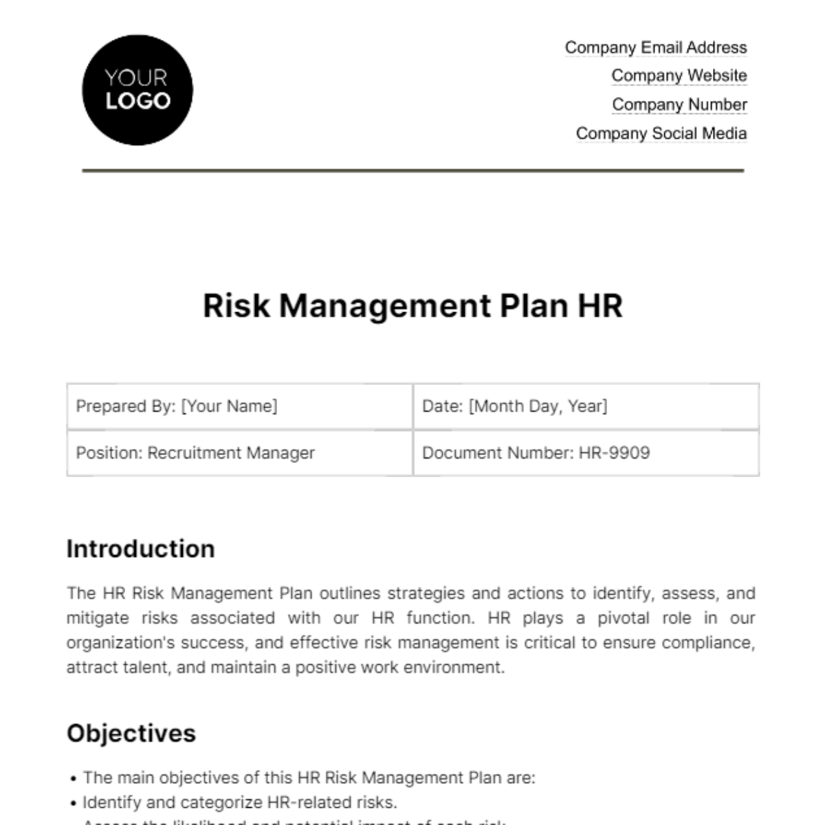 Risk Management Plan HR Template - Edit Online & Download