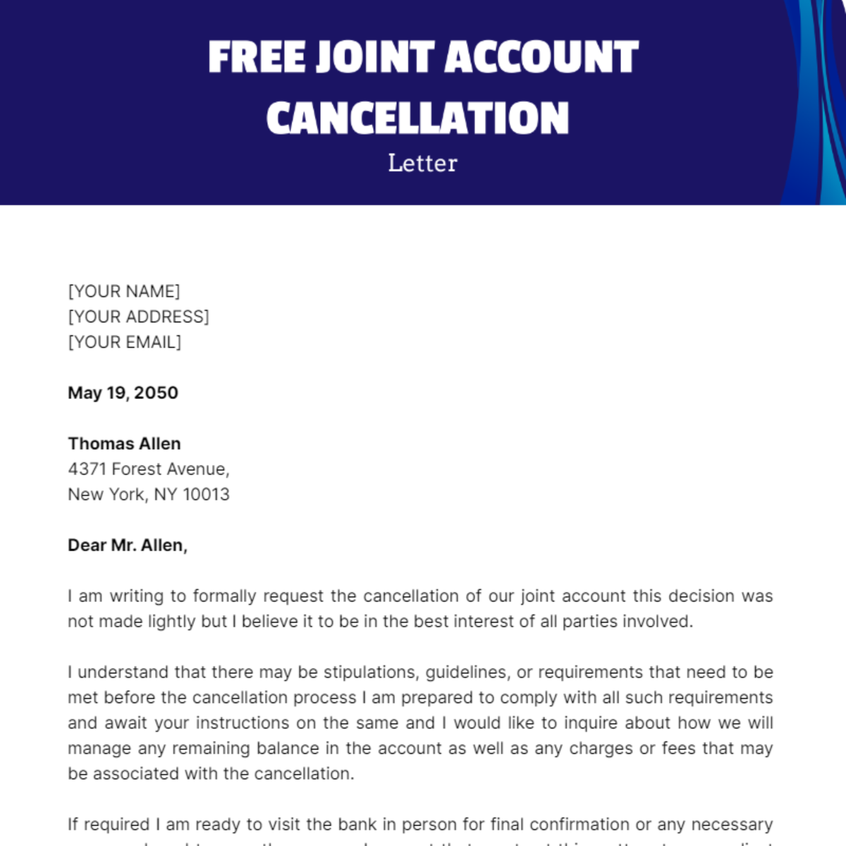 Joint Account Cancellation Letter Template