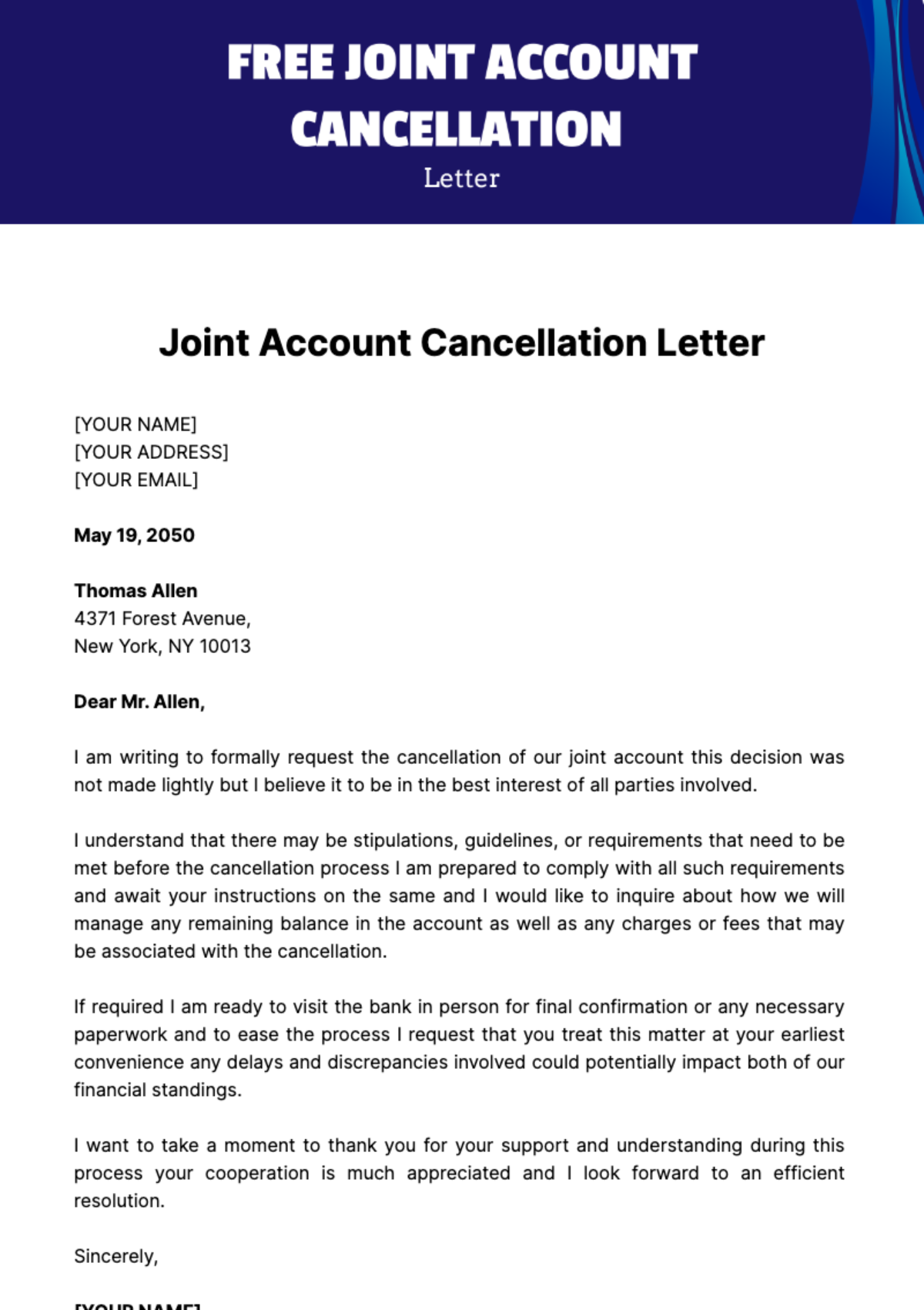 Free Joint Account Cancellation Letter Template