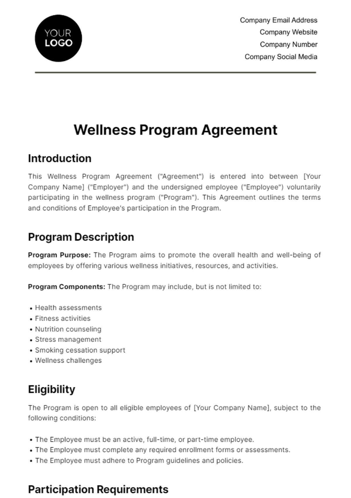 Wellness Program Agreement HR Template