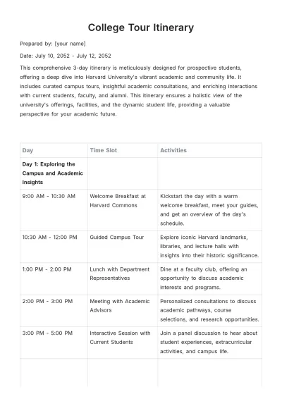Free College Tour Itinerary Template to Edit Online