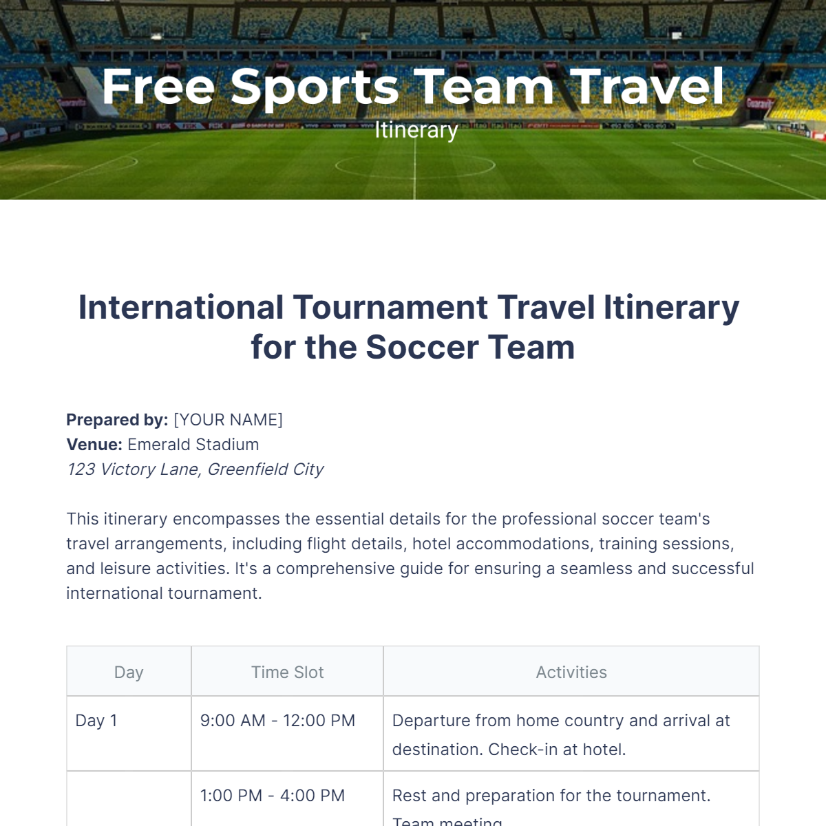 Sports Team Travel Itinerary Template Edit Online & Download Example