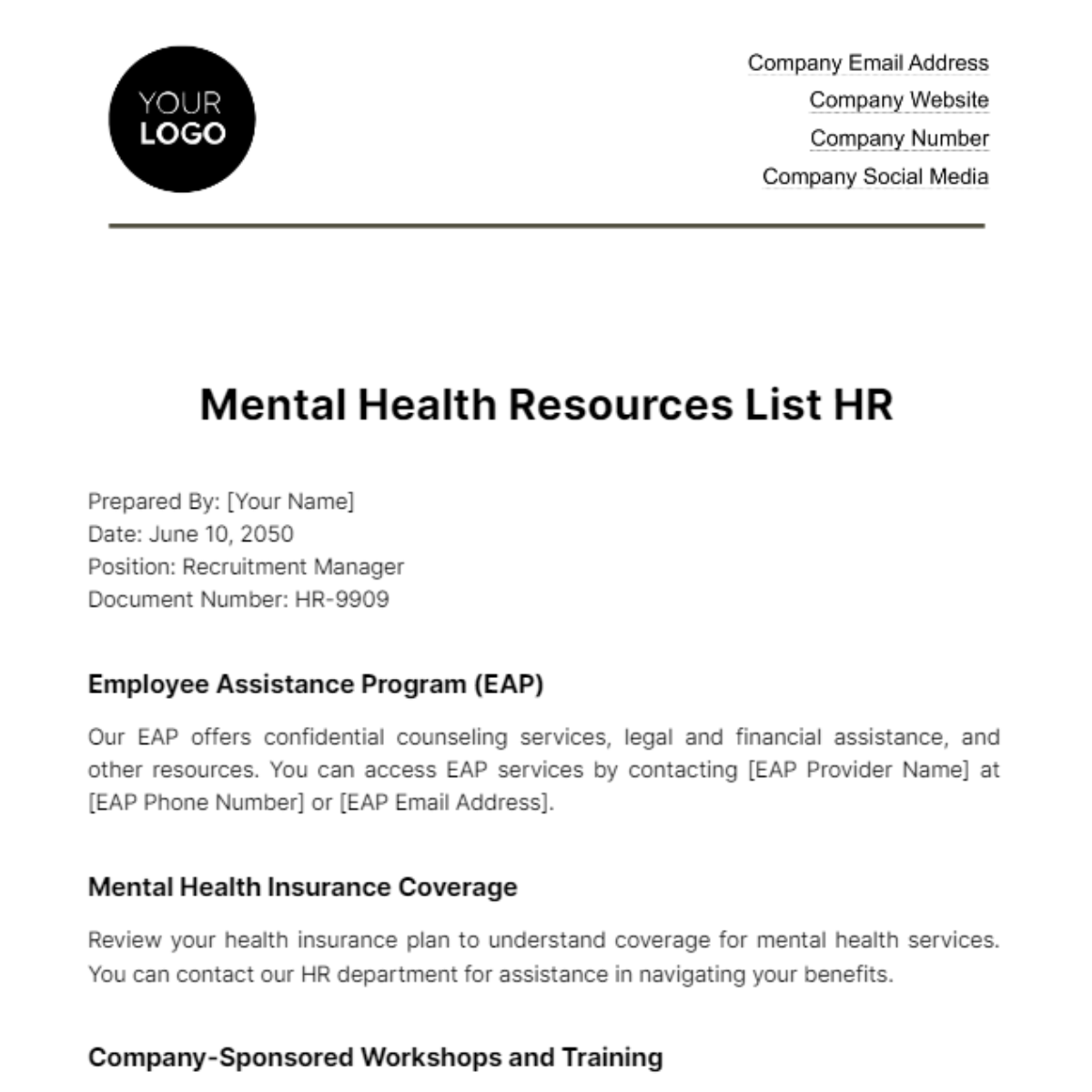 Mental Health Resources List HR Template