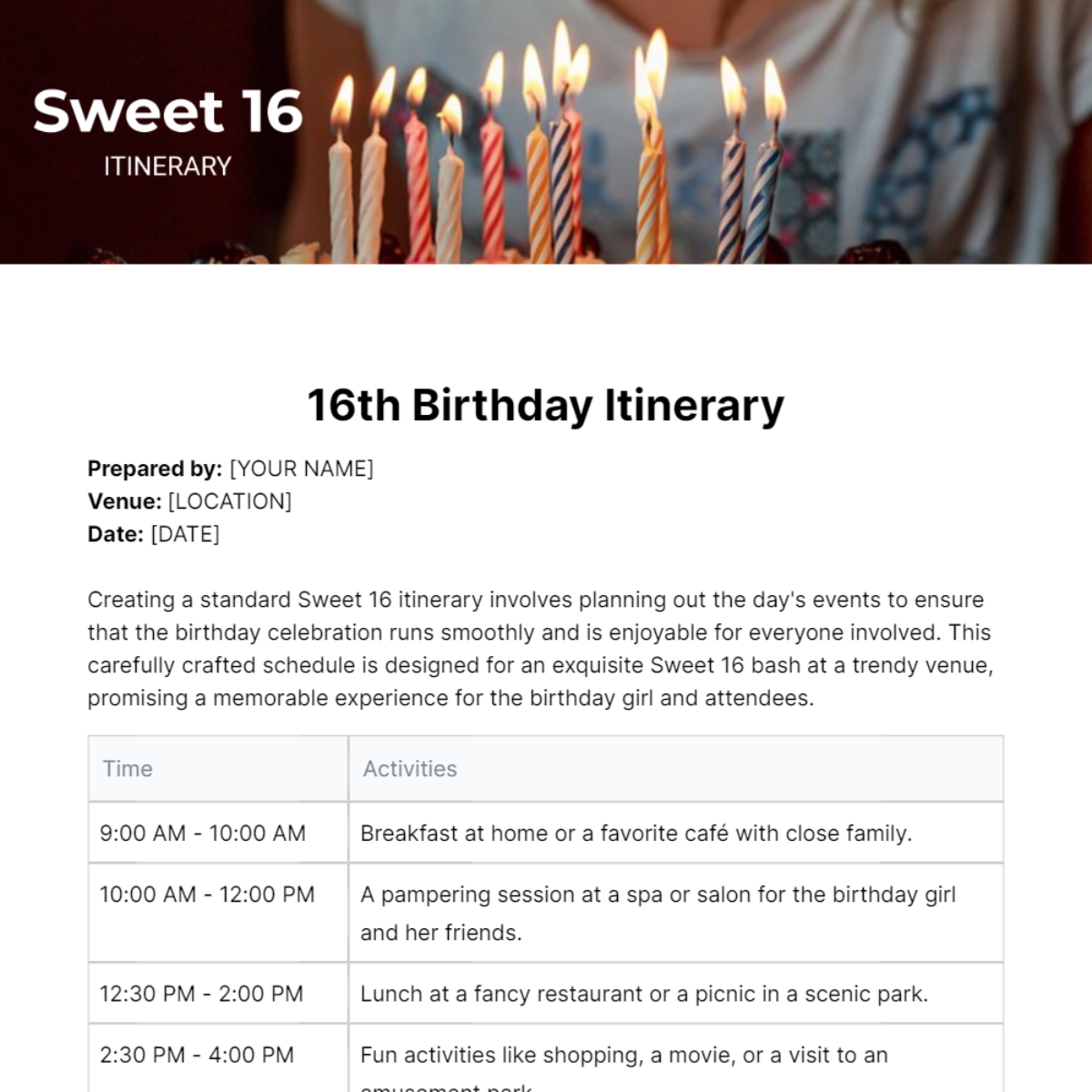 Sweet 16 Itinerary Template