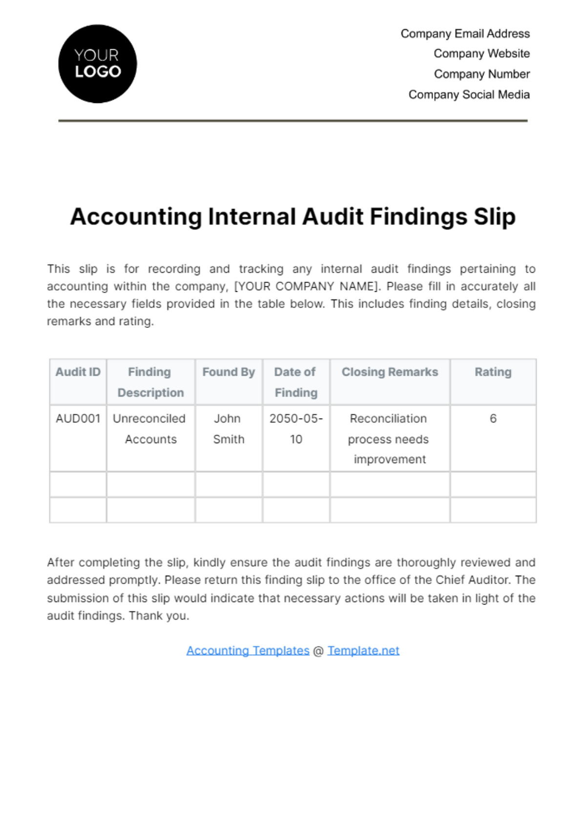 Accounting Internal Audit Findings Slip Template