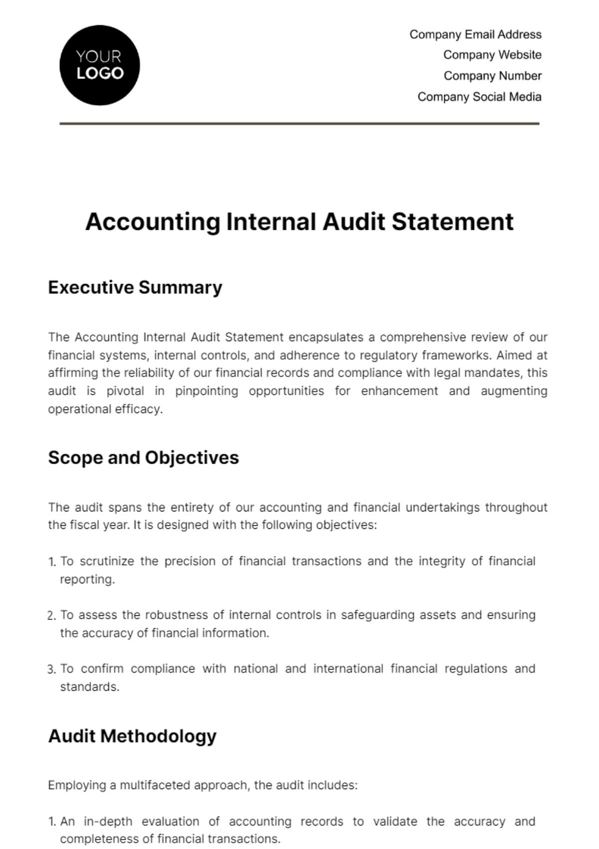Accounting Internal Audit Statement Template