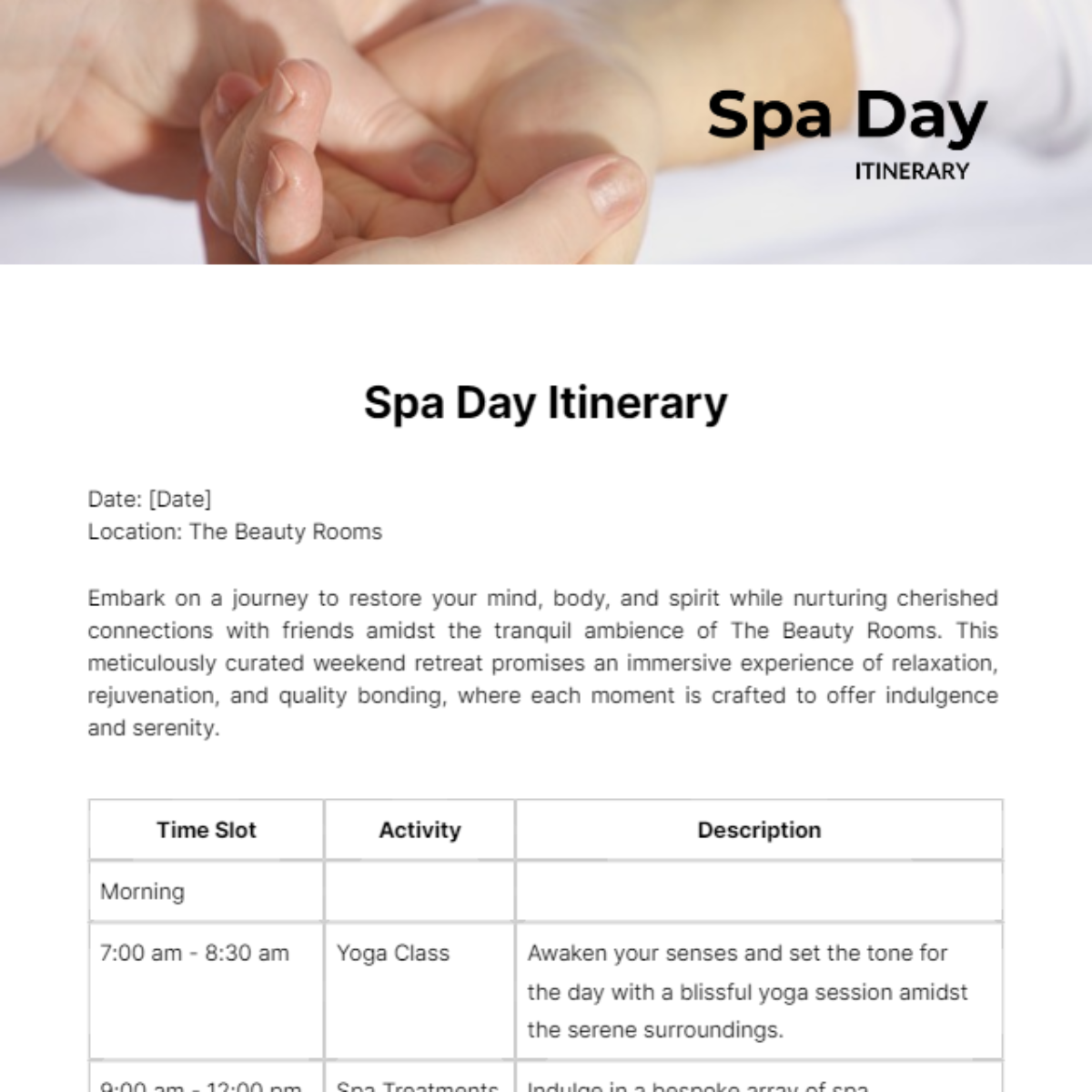 Spa Day Itinerary Template