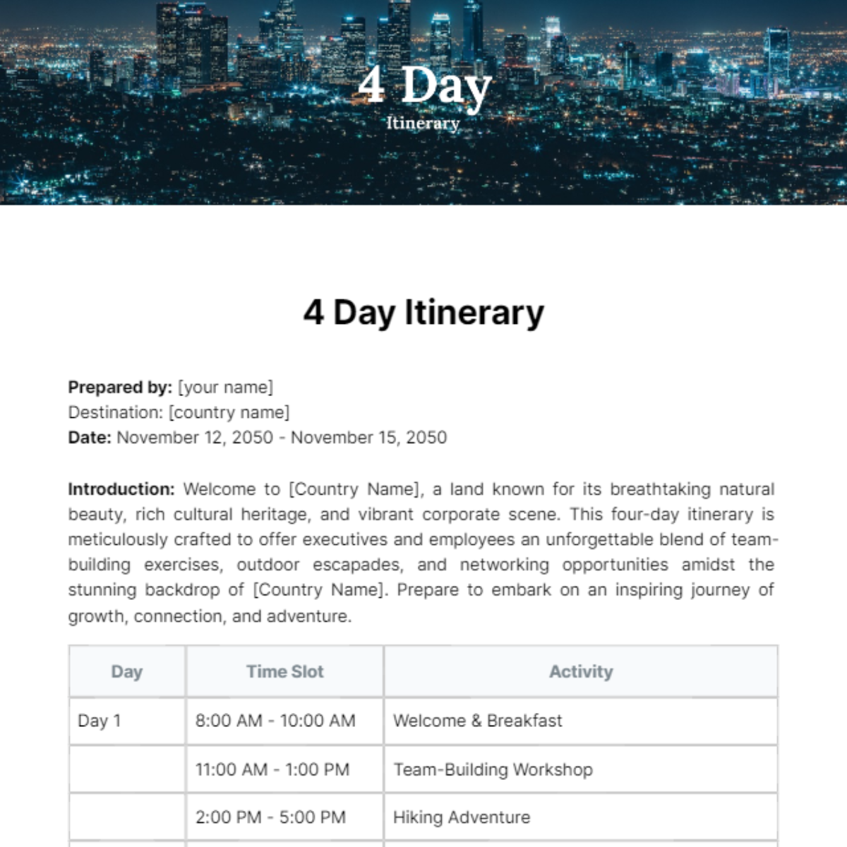 4 Day Itinerary Template