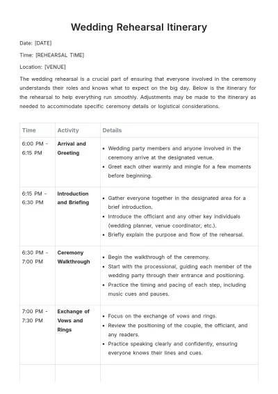 Free Wedding Rehearsal Itinerary Template to Edit Online