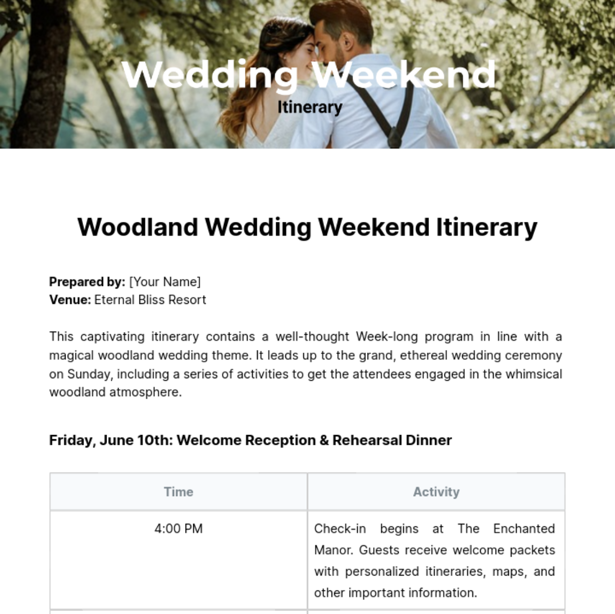 Wedding Weekend Itinerary For Guests Template