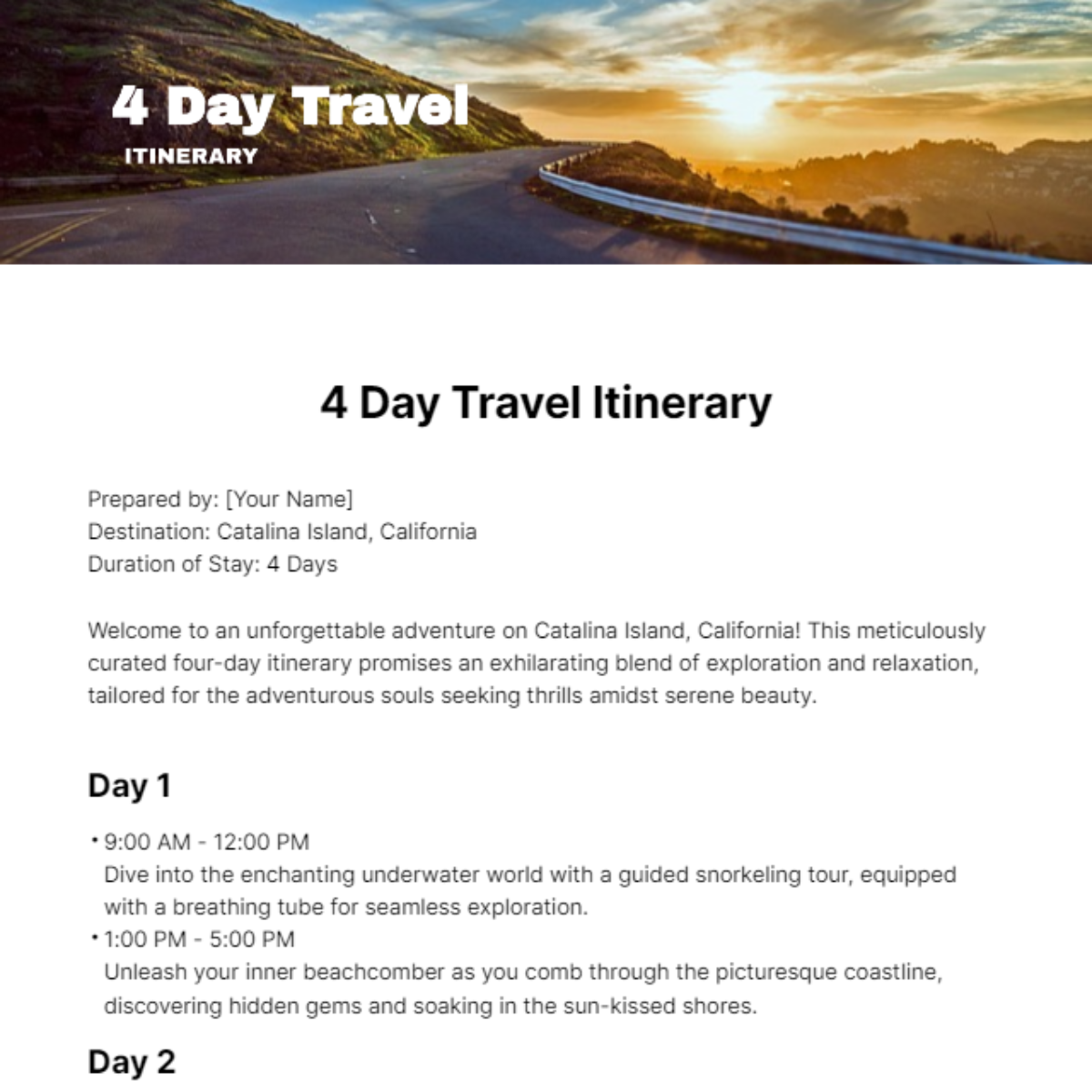 4 Day Travel Itinerary Template