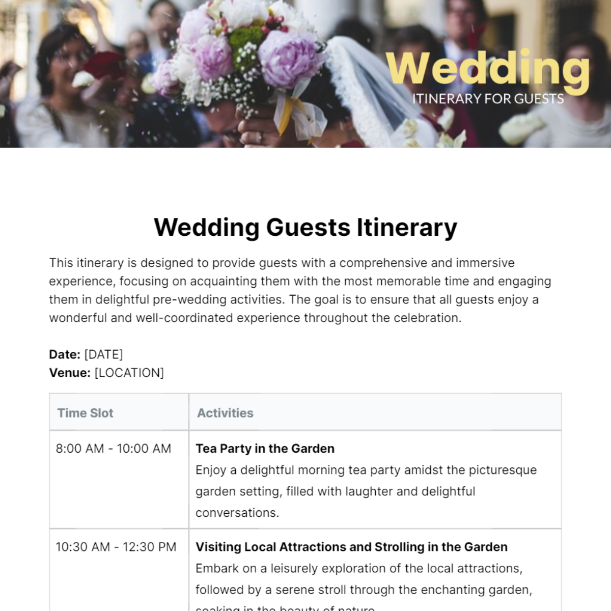 Wedding Itinerary For Guests Template