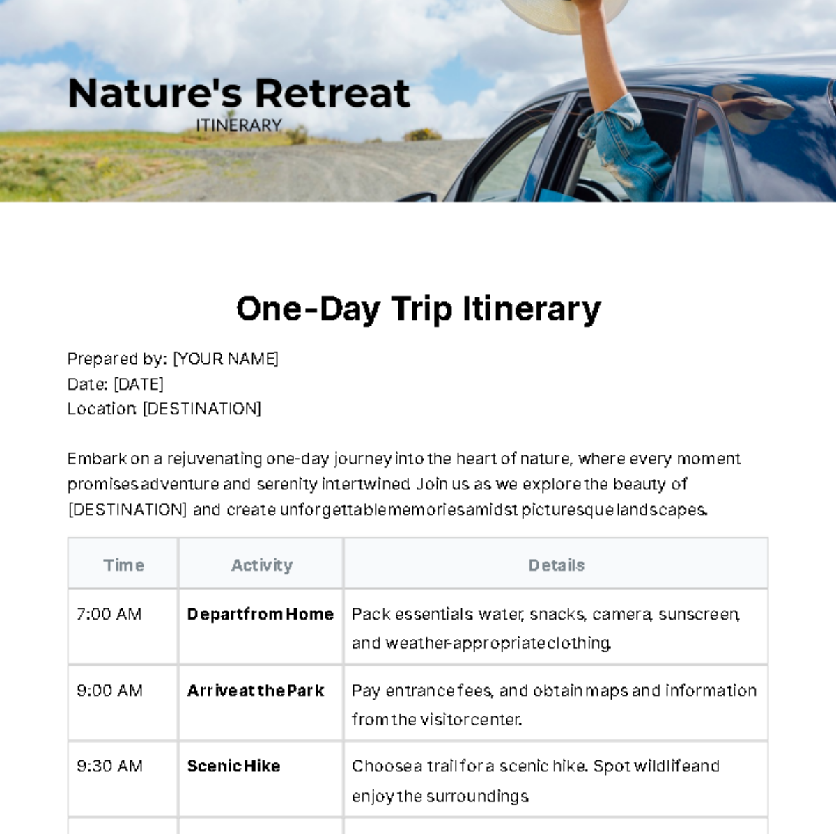 One Day Trip Itinerary Template
