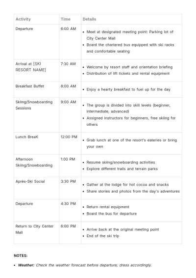 Free Ski Trip Itinerary Template to Edit Online
