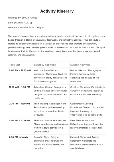 Free Activity Itinerary Template to Edit Online