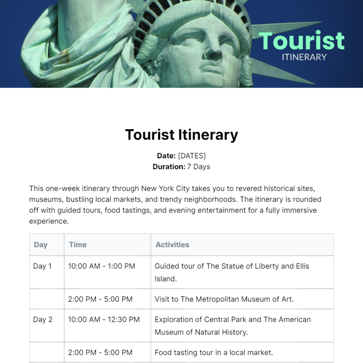 Tourist Itinerary Template