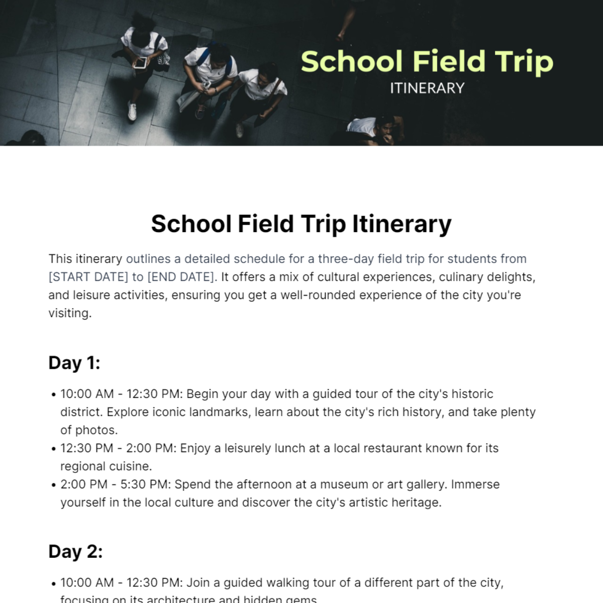 School Field Trip Itinerary Template