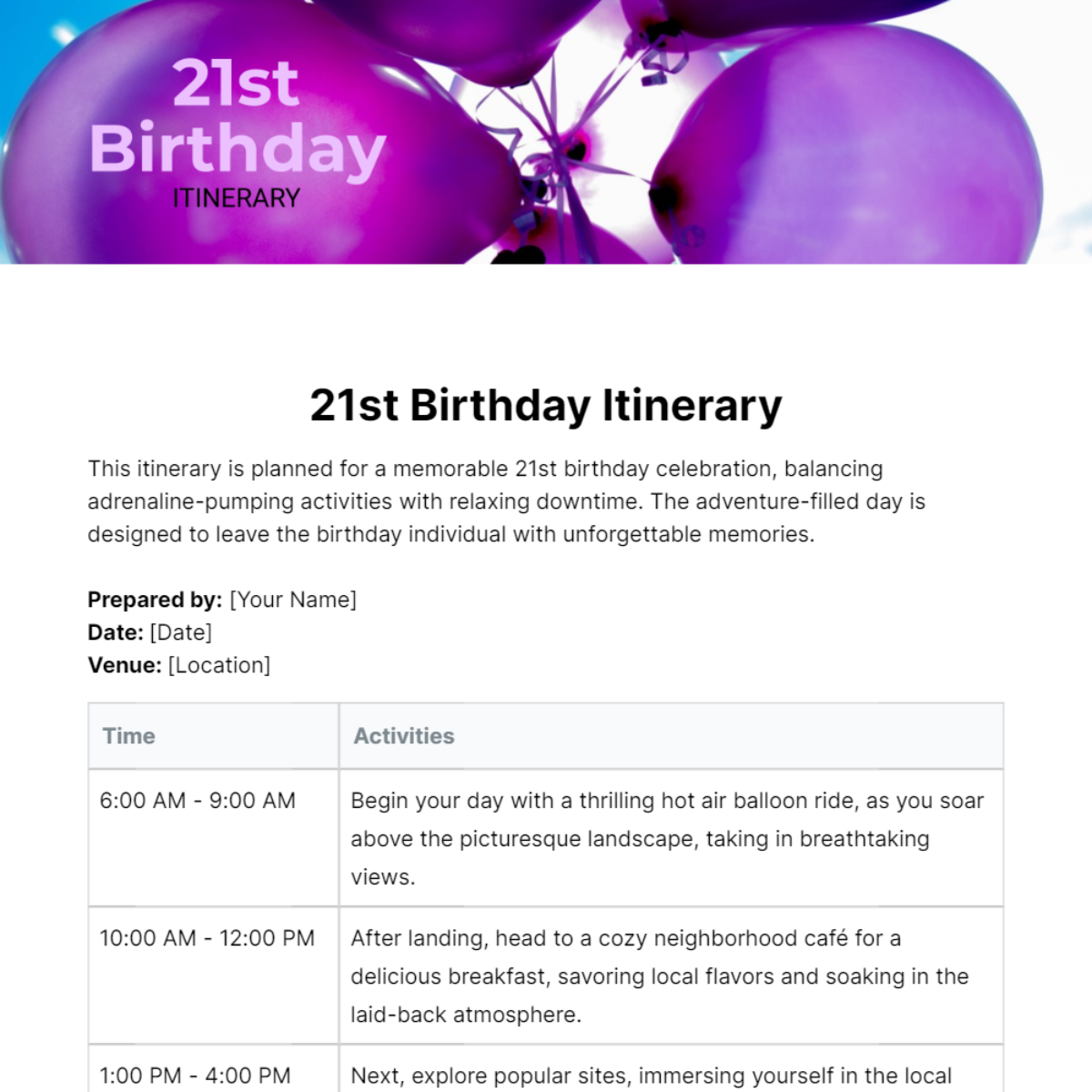 21st Birthday Itinerary Template