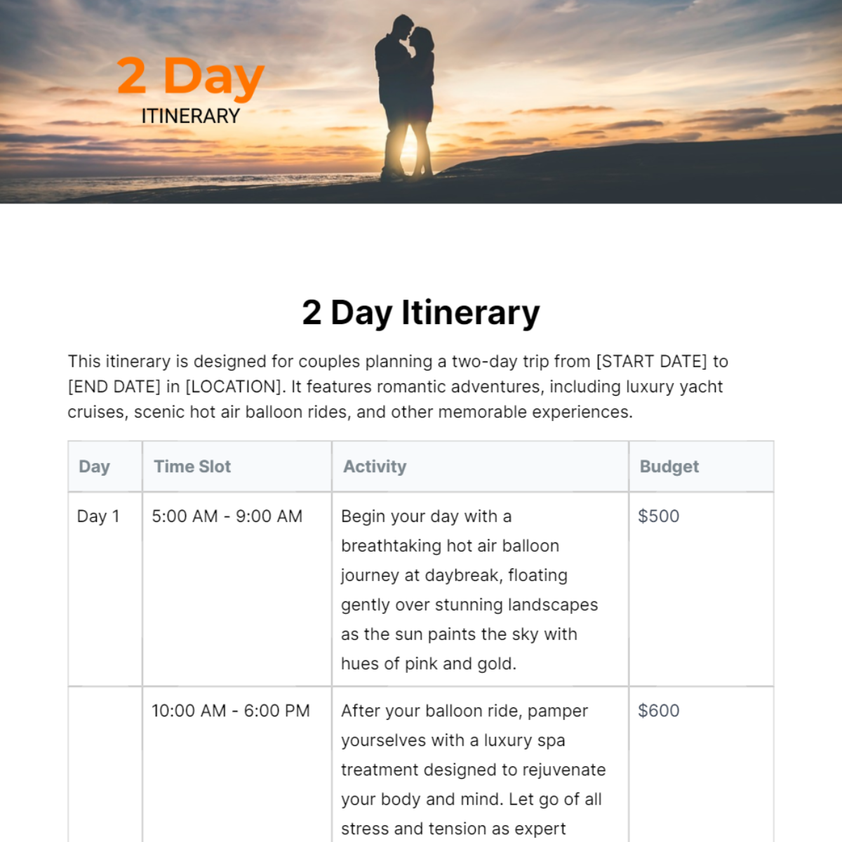 2 Day Itinerary Template