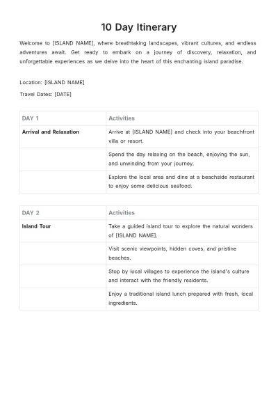 Free 10 Day Itinerary Template to Edit Online