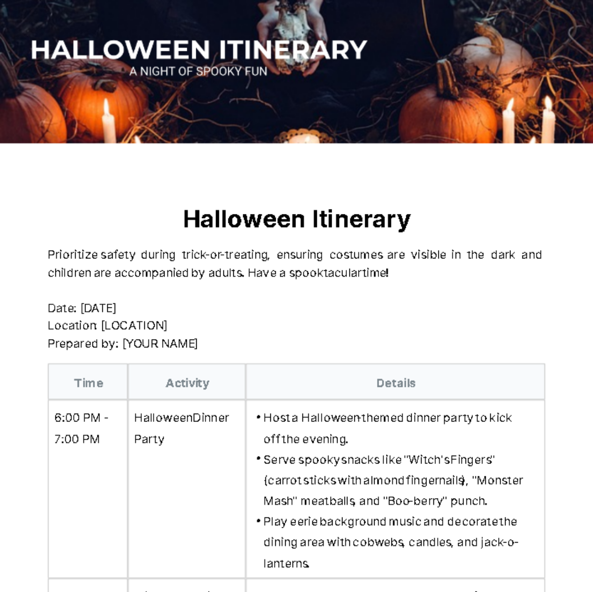 Halloween Itinerary Template