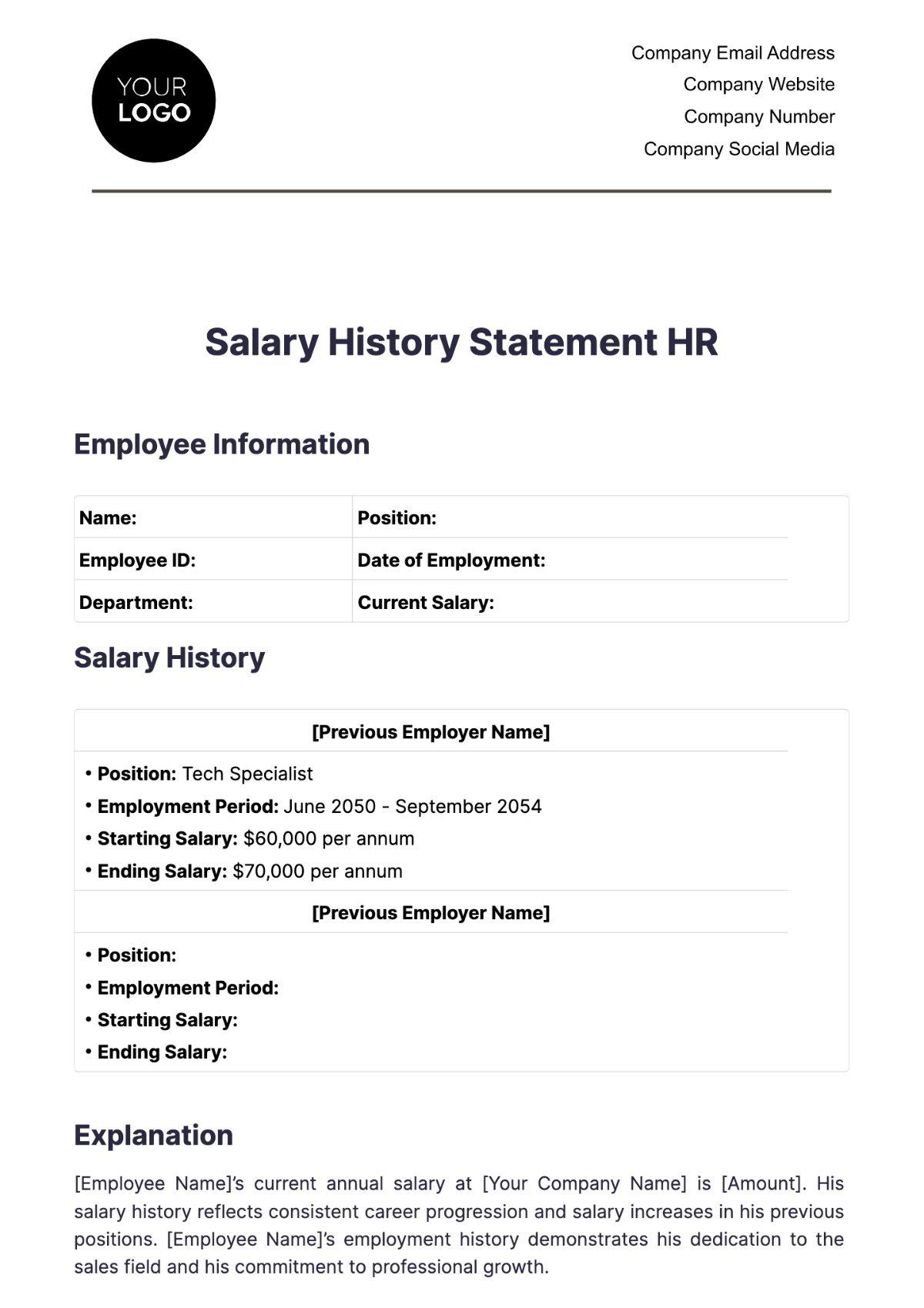 Salary History Statement HR Template - Edit Online & Download