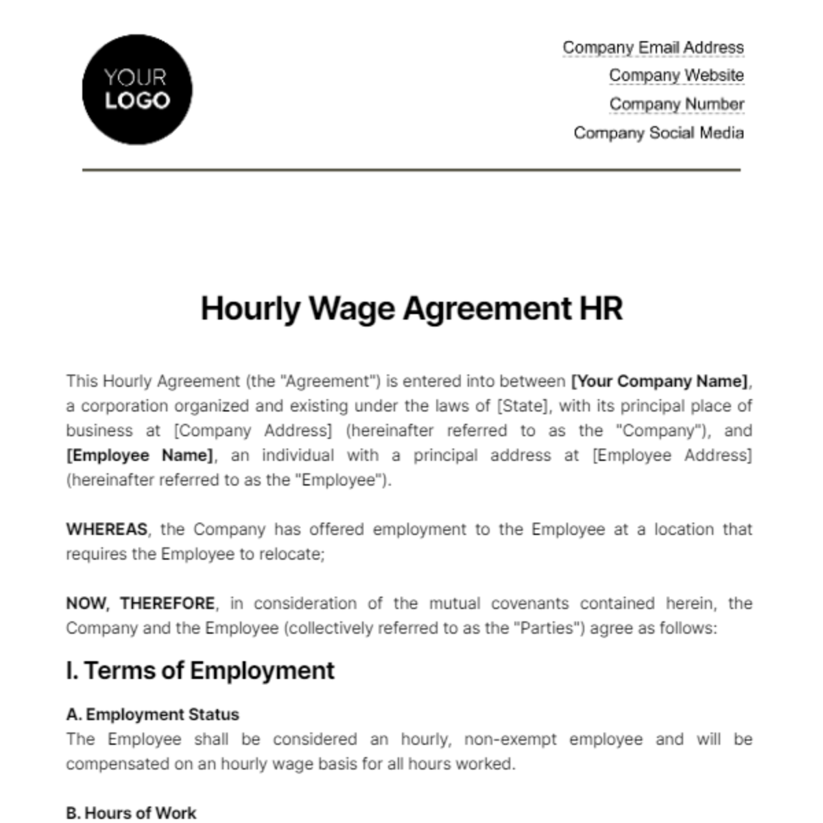 Hourly Wage Agreement HR Template