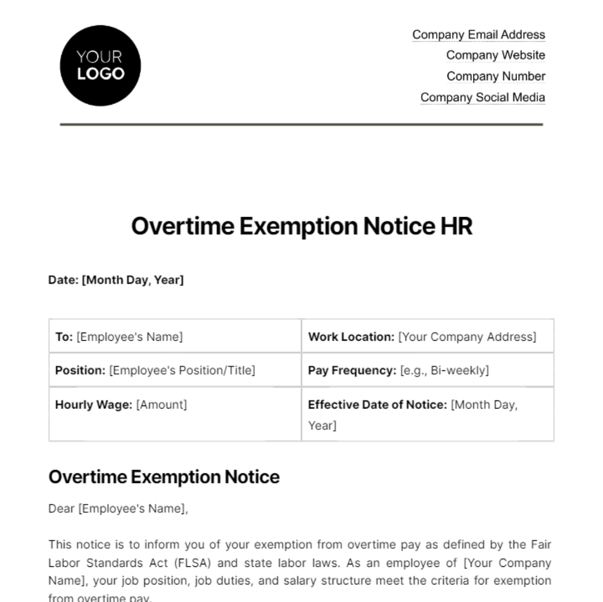 Overtime Exemption Notice HR Template