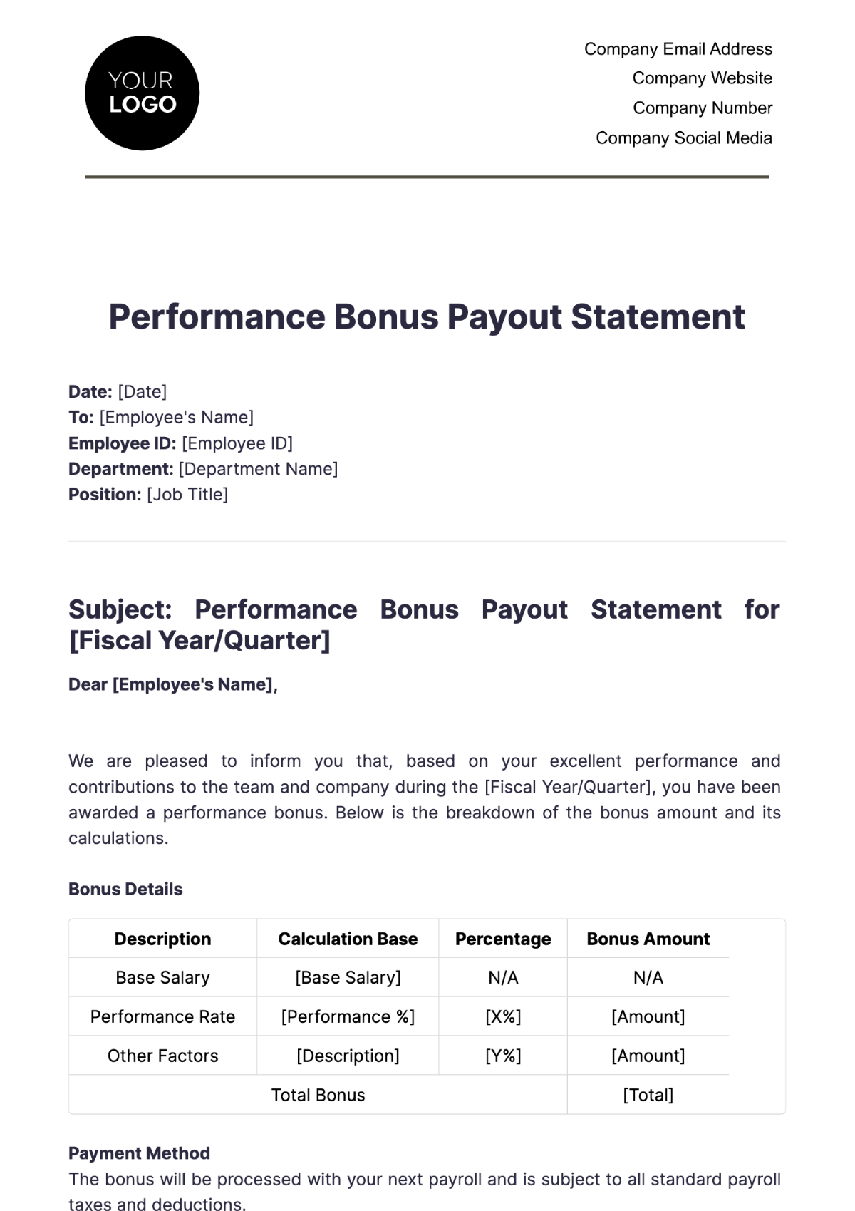 Performance Bonus Payout Statement HR Template - Edit Online & Download