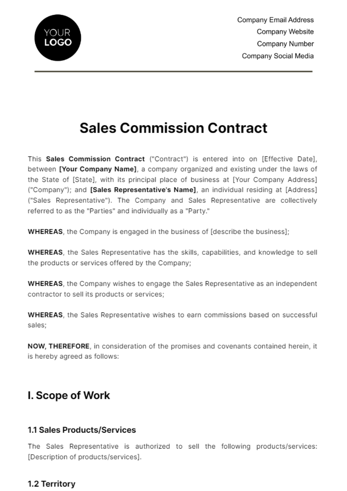 Sales Commission Contract HR Template
