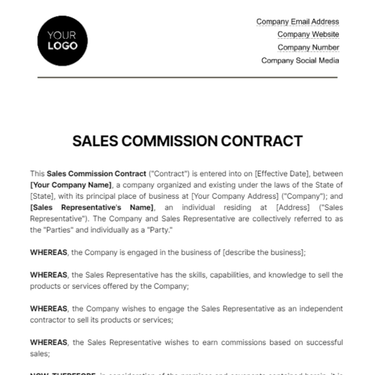 Sales Commission Contract HR Template - Edit Online & Download