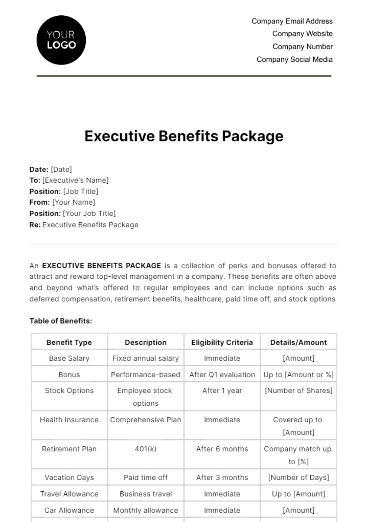 Free Executive Benefits Package HR Template