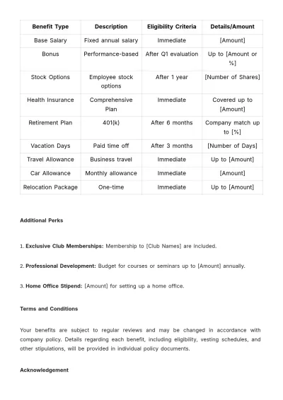 Free Executive Benefits Package HR Template to Edit Online
