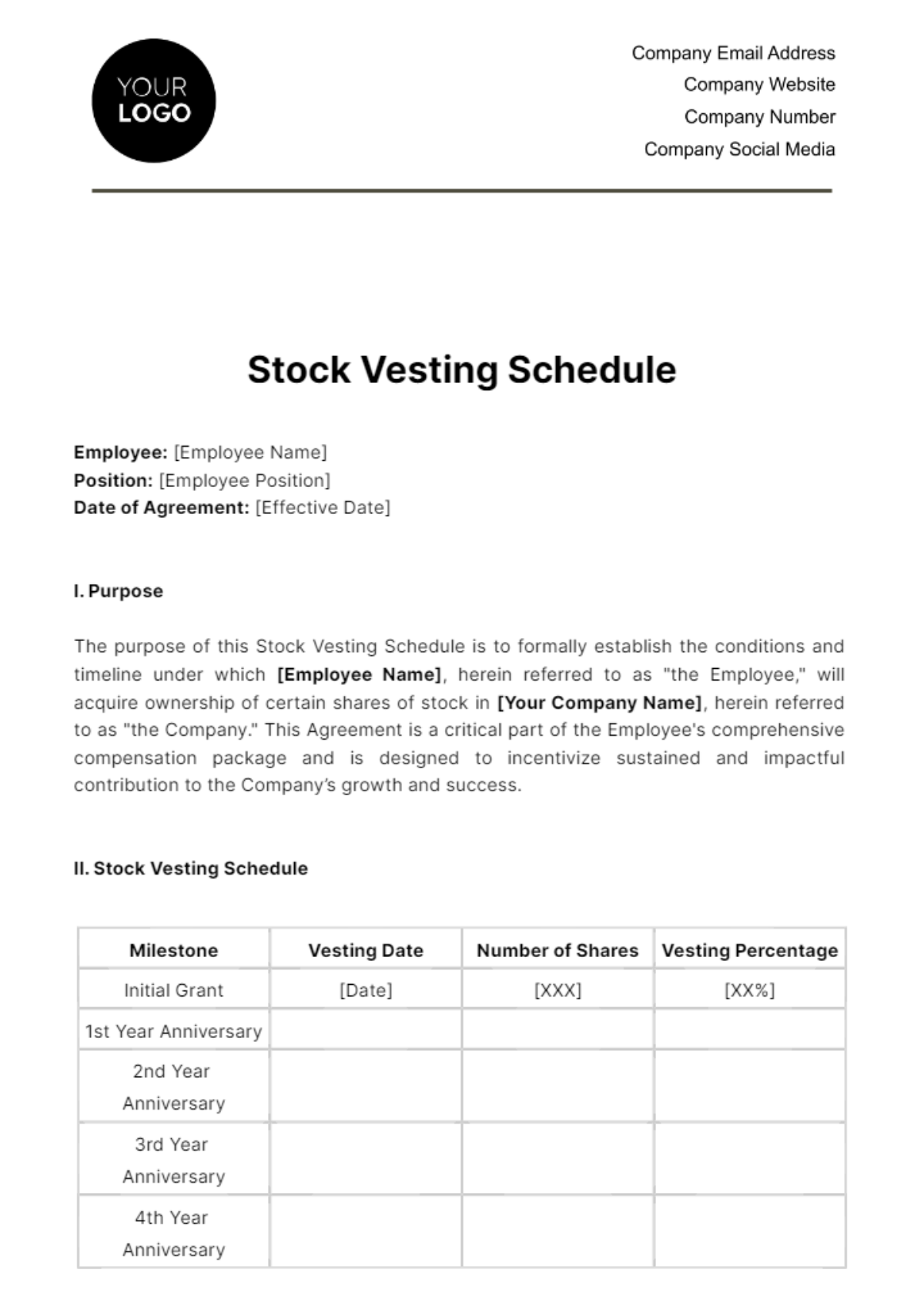 Stock Vesting Schedule HR Template
