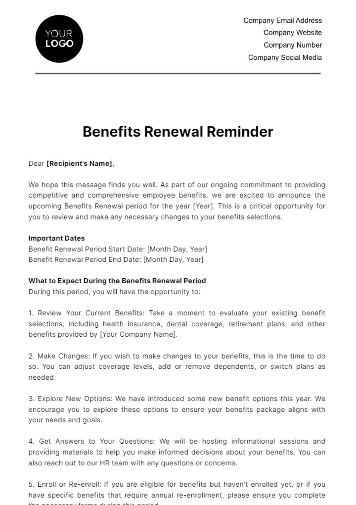 Free Benefits Renewal Reminder HR Template
