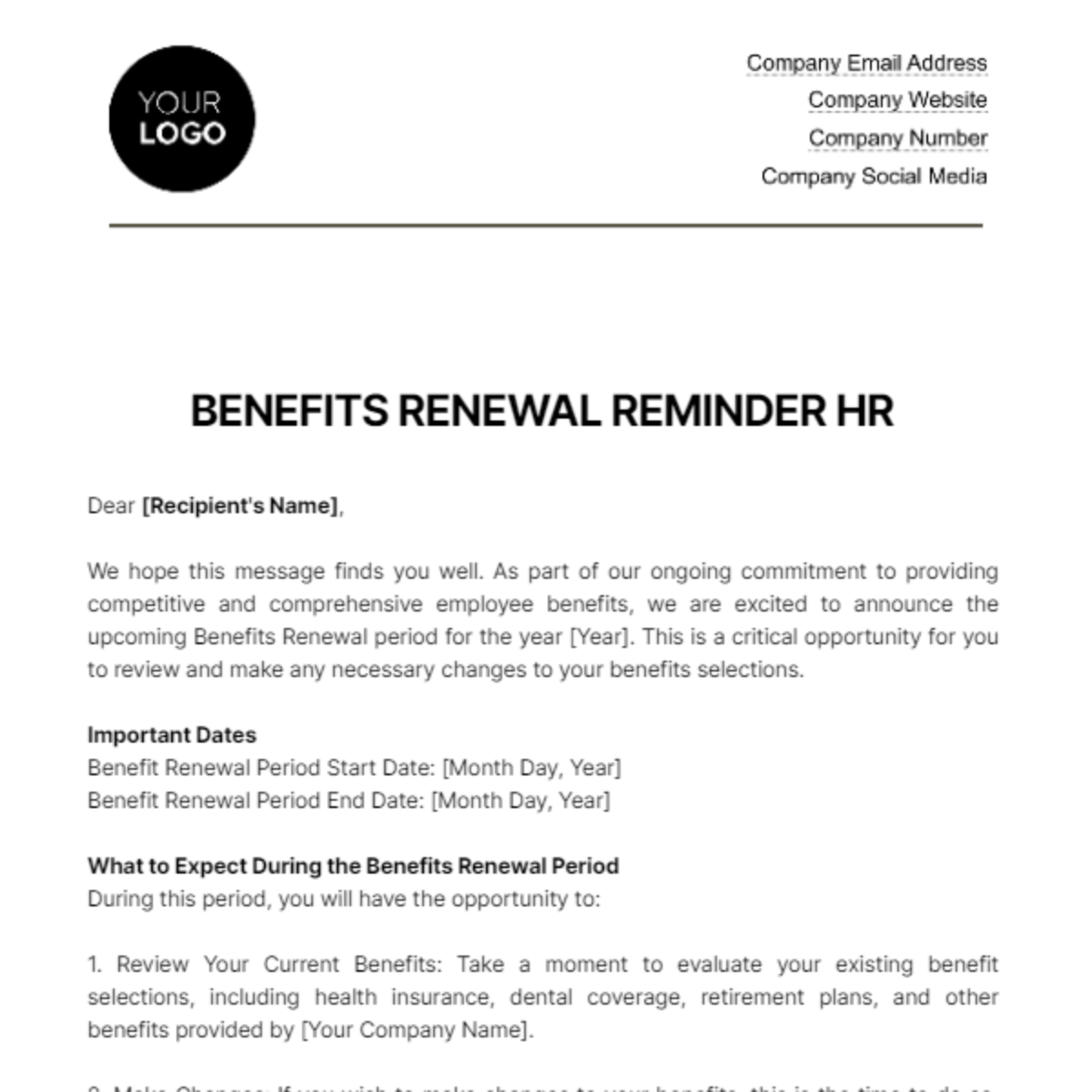 Benefits Renewal Reminder HR Template - Edit Online & Download