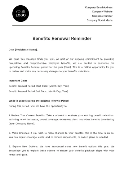 Free Benefits Renewal Reminder HR Template to Edit Online