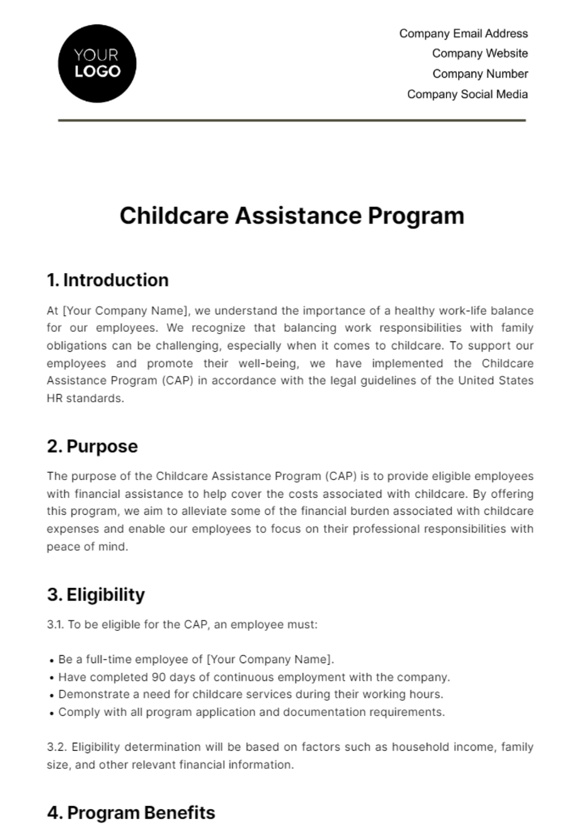 Free Childcare Assistance Program HR Template