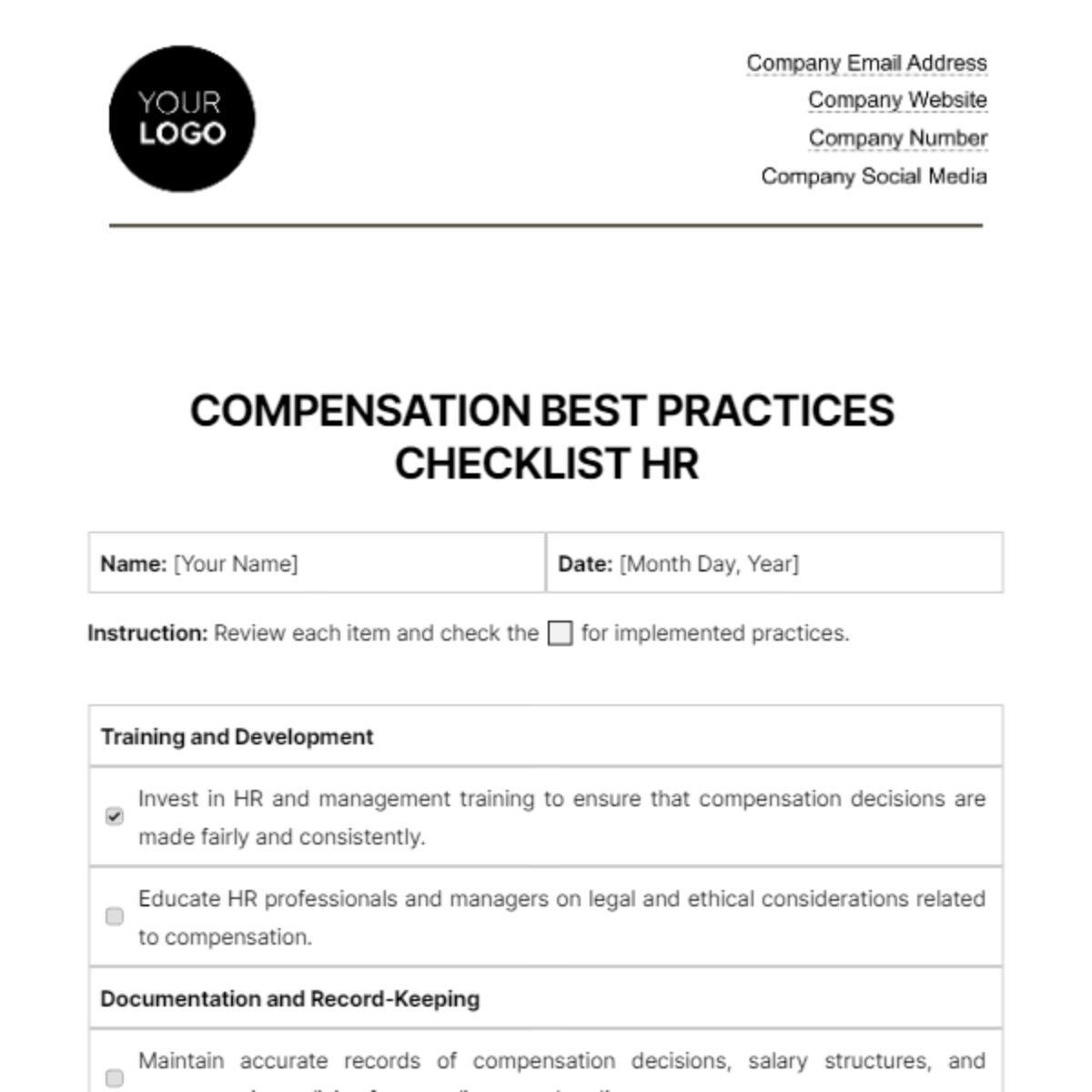 Compensation Best Practices Checklist HR Template
