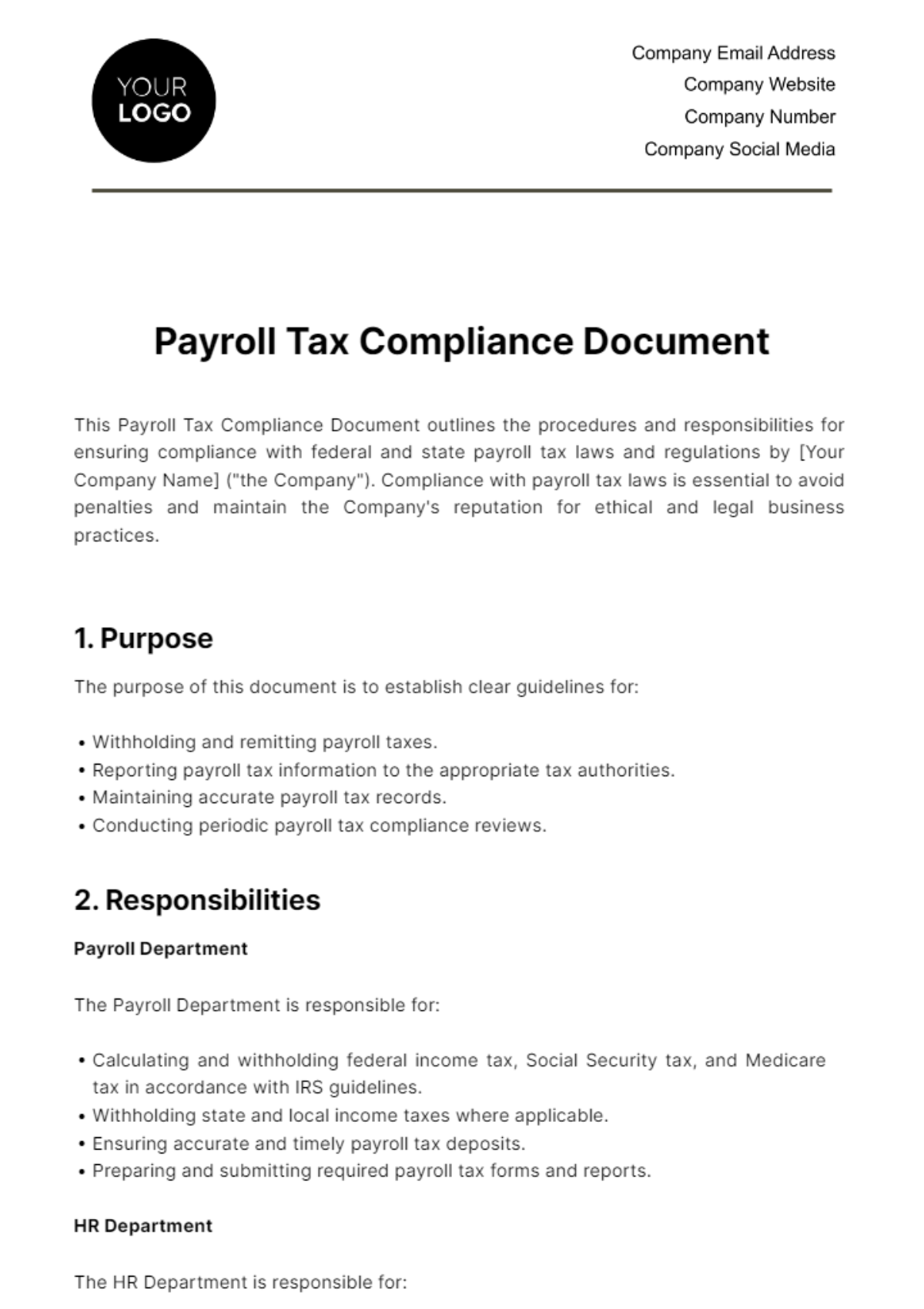 Payroll Tax Compliance Document HR Template