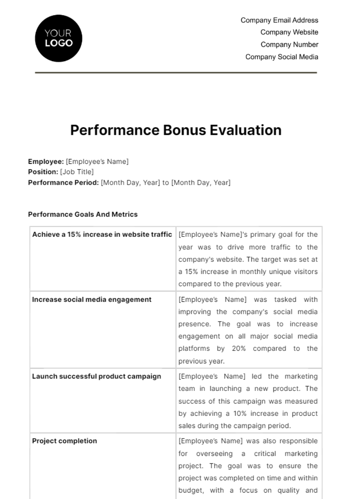 Free Performance Bonus Evaluation HR Template
