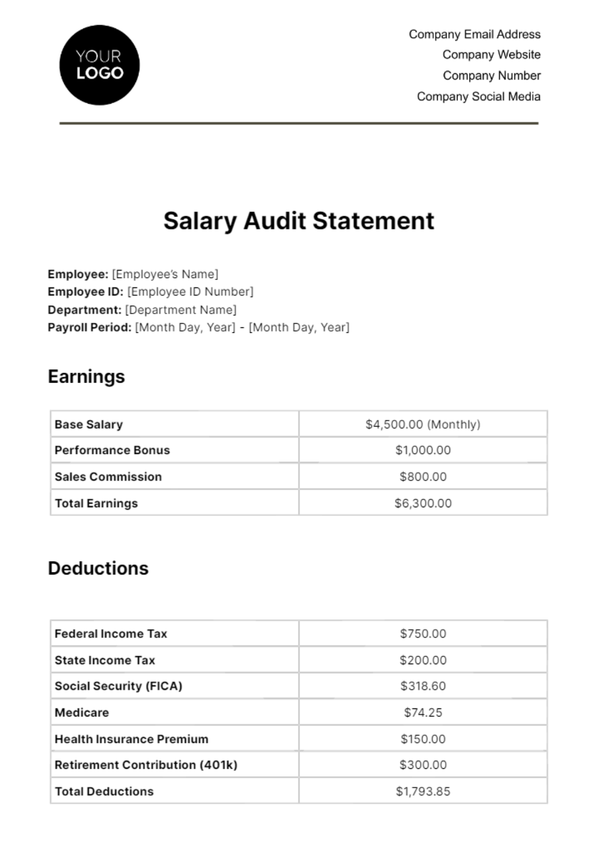 Free Salary Audit Statement HR Template