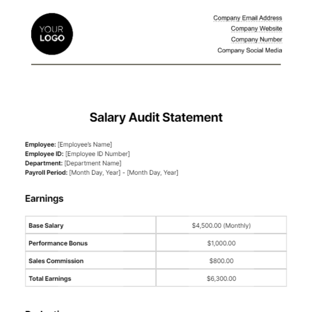 Salary Audit Statement HR Template - Edit Online & Download