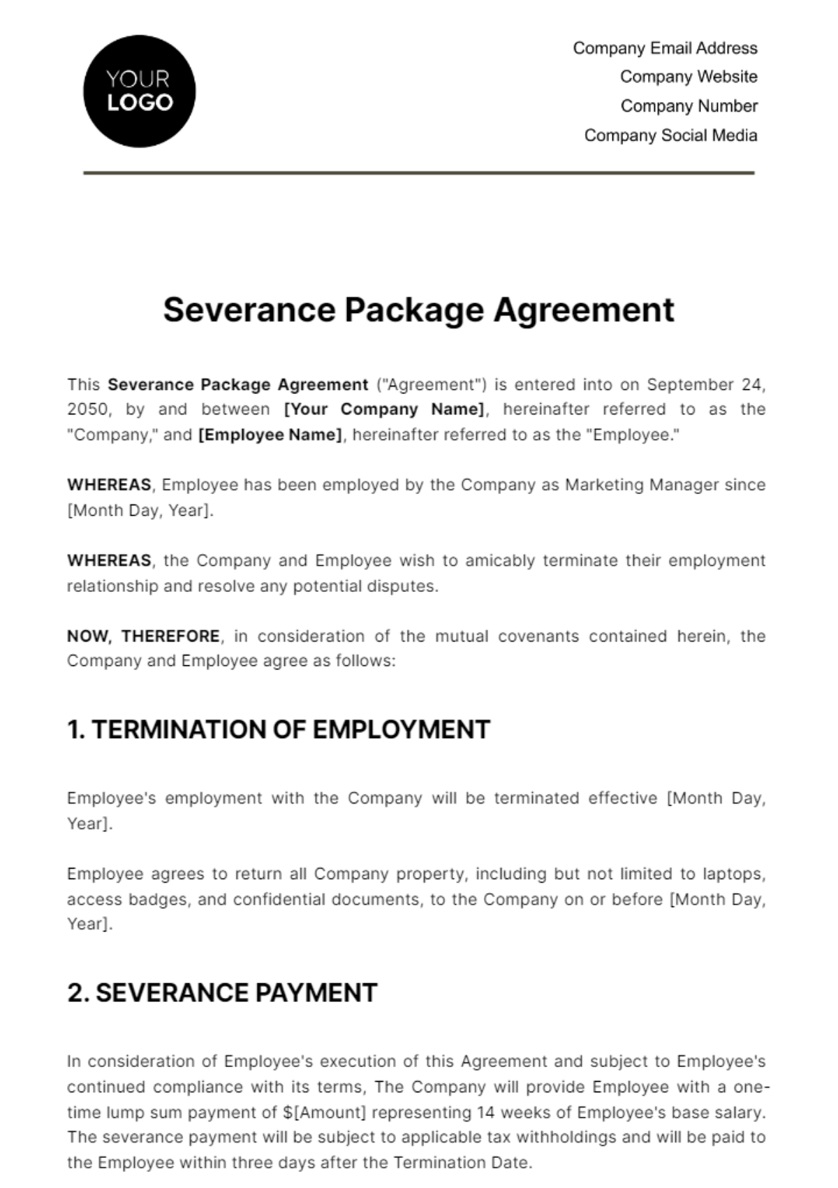 Free Severance Package Agreement HR Template