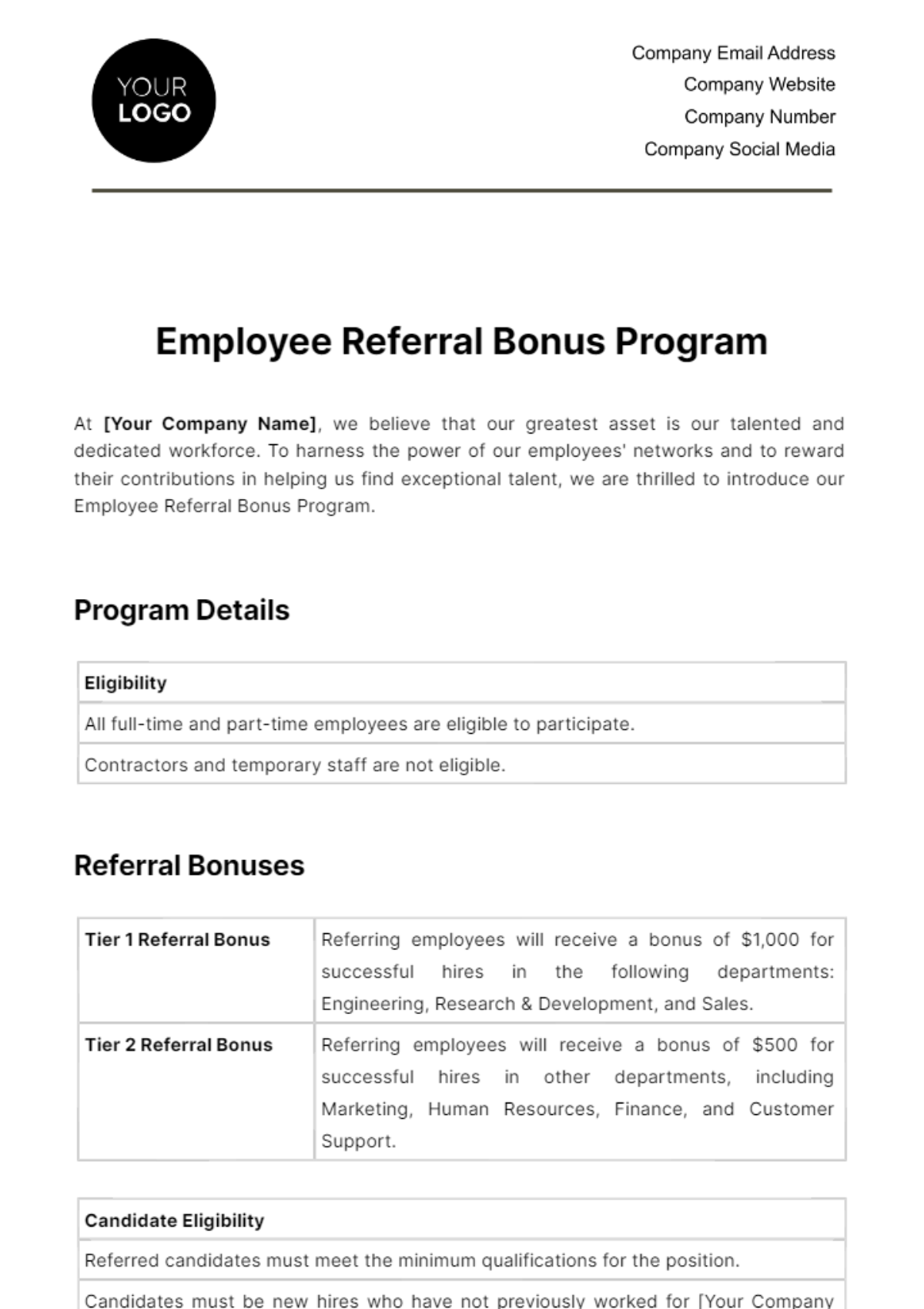 Free Employee Referral Bonus Program HR Template